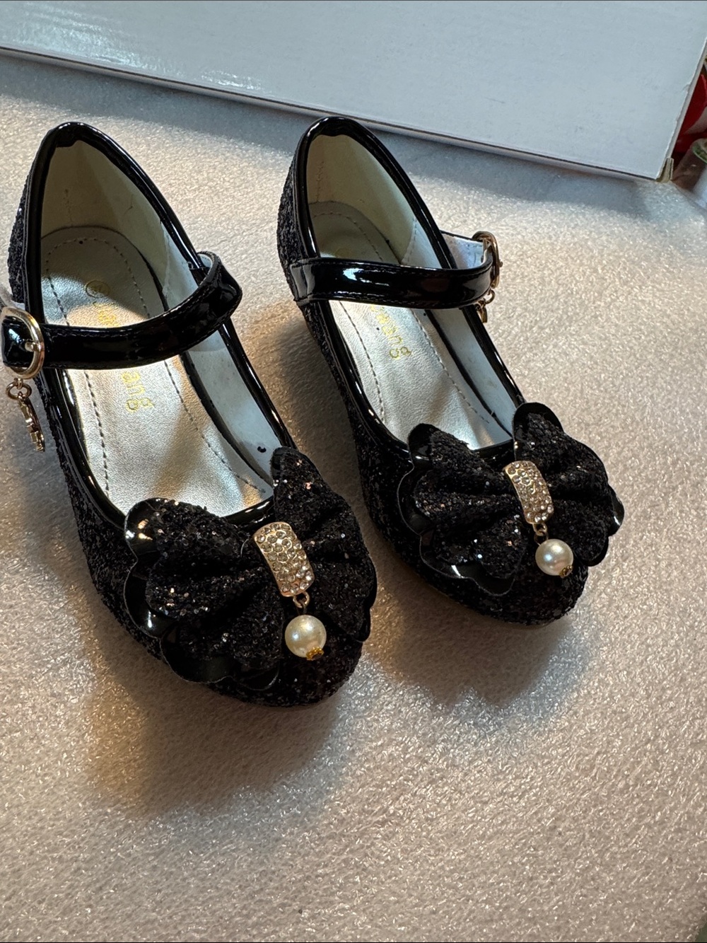 Black Glitter Mary Jane Heels with Bow Detail - Picture 7 of 12